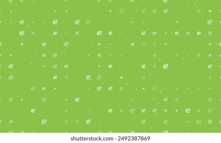 Seamless background pattern of evenly spaced white tiger symbols of different sizes and opacity. Vector illustration on light green background with stars