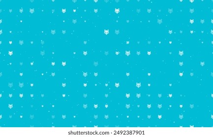 Seamless background pattern of evenly spaced white fox's head symbols of different sizes and opacity. Vector illustration on cyan background with stars