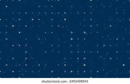 Seamless background pattern of evenly spaced white greater symbols of different sizes and opacity. Vector illustration on dark blue background with stars