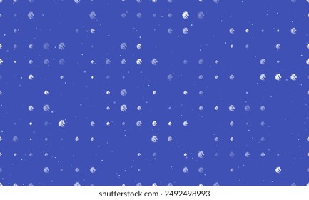 Seamless background pattern of evenly spaced white dragon's head symbols of different sizes and opacity. Vector illustration on indigo background with stars