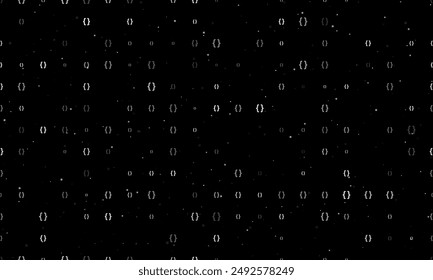 Seamless background pattern of evenly spaced white curly brackets symbols of different sizes and opacity. Vector illustration on black background with stars