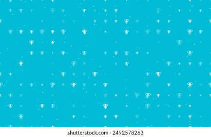 Seamless background pattern of evenly spaced white elephant heads of different sizes and opacity. Vector illustration on cyan background with stars