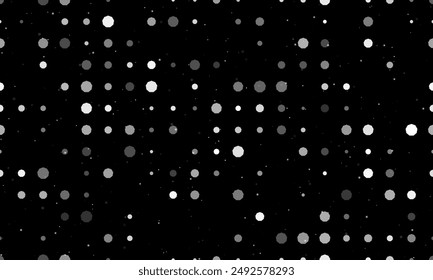 Patrón de fondo sin fisuras de símbolos nonagon blancos espaciados uniformemente de diferentes tamaños y opacidad. Ilustración vectorial sobre fondo negro con estrellas