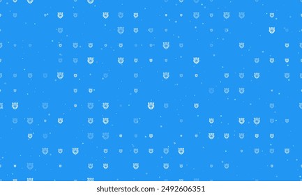 Seamless background pattern of evenly spaced white tiger head symbols of different sizes and opacity. Vector illustration on blue background with stars