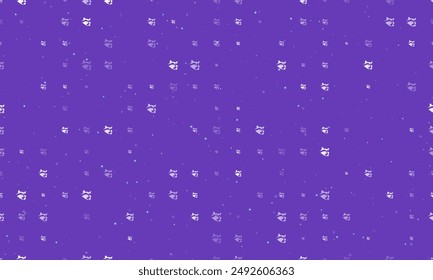 Seamless background pattern of evenly spaced white raccoon head symbols of different sizes and opacity. Vector illustration on deep purple background with stars