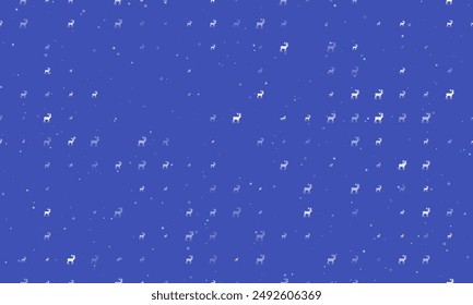 Seamless background pattern of evenly spaced white deer symbols of different sizes and opacity. Vector illustration on indigo background with stars