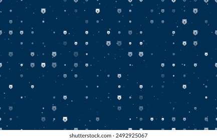 Seamless background pattern of evenly spaced white bear head icons of different sizes and opacity. Vector illustration on dark blue background with stars