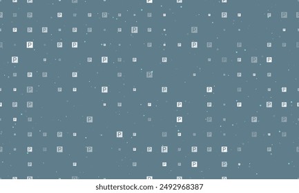 Seamless background pattern of evenly spaced white road parking signs of different sizes and opacity. Vector illustration on blue gray background with stars