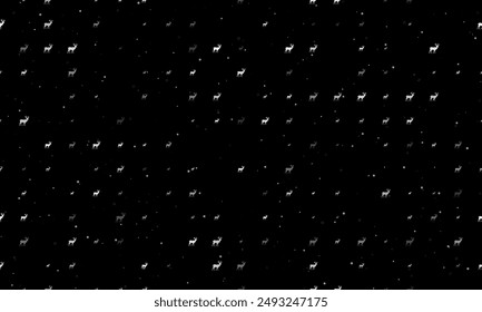 Seamless background pattern of evenly spaced white deer symbols of different sizes and opacity. Vector illustration on black background with stars