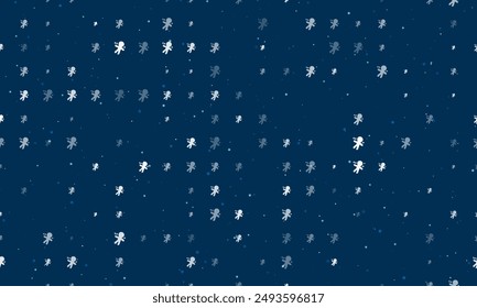 Seamless background pattern of evenly spaced white Voodoo Doll symbols of different sizes and opacity. Vector illustration on dark blue background with stars