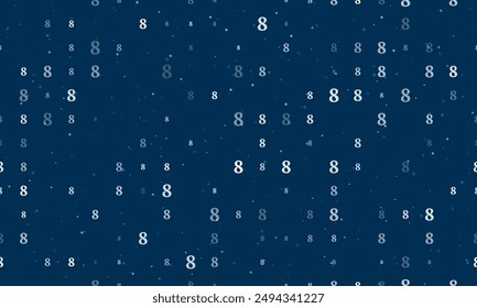 Seamless background pattern of evenly spaced white number eight symbols of different sizes and opacity. Vector illustration on dark blue background with stars