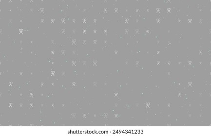 Seamless background pattern of evenly spaced white crossed tennis rackets symbols of different sizes and opacity. Vector illustration on gray background with stars