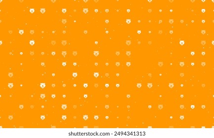 Seamless background pattern of evenly spaced white bear head symbols of different sizes and opacity. Vector illustration on orange background with stars