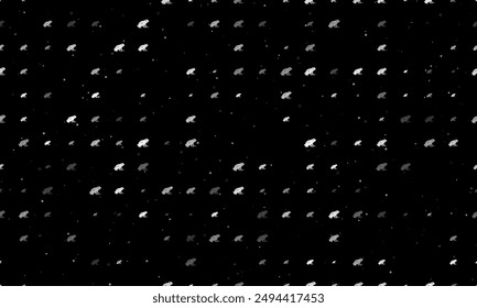 Seamless background pattern of evenly spaced white frog symbols of different sizes and opacity. Vector illustration on black background with stars