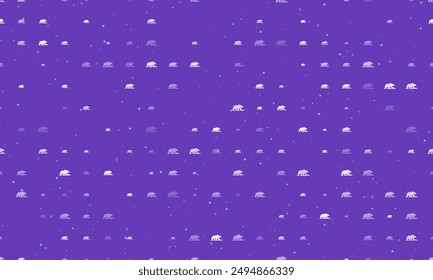 Seamless background pattern of evenly spaced white wild bear symbols of different sizes and opacity. Vector illustration on deep purple background with stars
