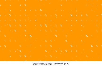 Seamless background pattern of evenly spaced white percent symbols of different sizes and opacity. Vector illustration on orange background with stars