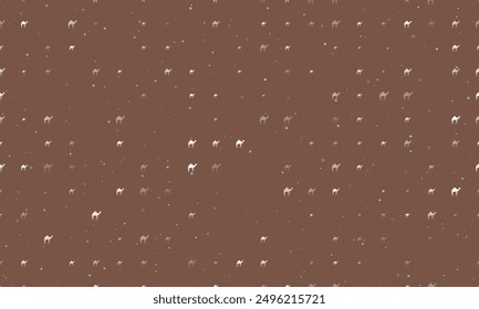 Seamless background pattern of evenly spaced white camel symbols of different sizes and opacity. Vector illustration on brown background with stars
