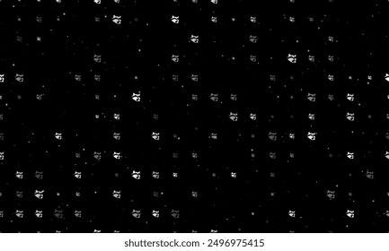 Seamless background pattern of evenly spaced white raccoon head symbols of different sizes and opacity. Vector illustration on black background with stars