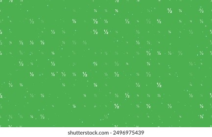 Seamless background pattern of evenly spaced white half fraction symbols of different sizes and opacity. Vector illustration on green background with stars