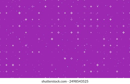 Seamless background pattern of evenly spaced white division symbols of different sizes and opacity. Vector illustration on purple background with stars