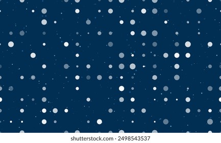 Seamless background pattern of evenly spaced white decagon symbols of different sizes and opacity. Vector illustration on dark blue background with stars