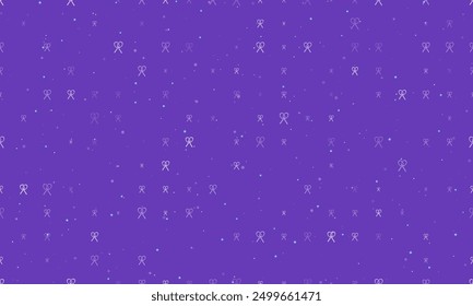 Seamless background pattern of evenly spaced white crossed tennis rackets symbols of different sizes and opacity. Vector illustration on deep purple background with stars