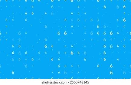 Seamless background pattern of evenly spaced white number six symbols of different sizes and opacity. Vector illustration on light blue background with stars