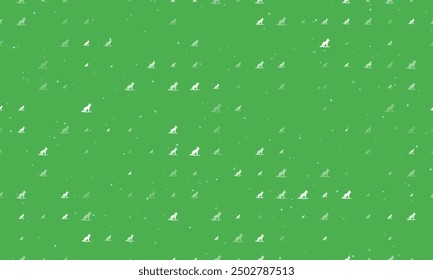 Seamless background pattern of evenly spaced white wild wolf symbols of different sizes and opacity. Vector illustration on green background with stars