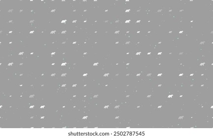 Seamless background pattern of evenly spaced white raccoon symbols of different sizes and opacity. Vector illustration on gray background with stars