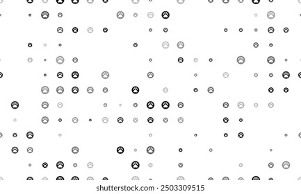 Seamless background pattern of evenly spaced black pet symbols of different sizes and opacity. Vector illustration on white background