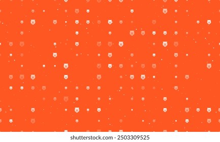 Seamless background pattern of evenly spaced white bear head icons of different sizes and opacity. Vector illustration on deep orange background with stars