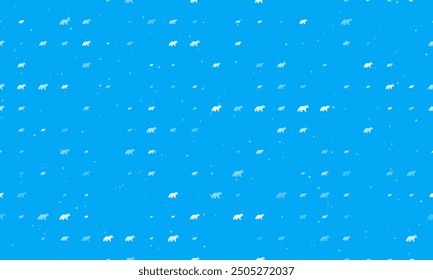 Seamless background pattern of evenly spaced white raccoon symbols of different sizes and opacity. Vector illustration on light blue background with stars