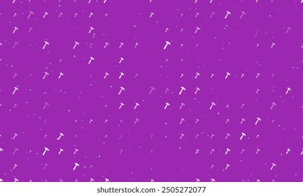 Seamless background pattern of evenly spaced white hammer symbols of different sizes and opacity. Vector illustration on purple background with stars