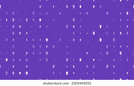 Seamless background pattern of evenly spaced white paper coffee cups of different sizes and opacity. Vector illustration on deep purple background with stars