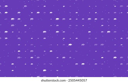 Seamless background pattern of evenly spaced white rhino symbols of different sizes and opacity. Vector illustration on deep purple background with stars