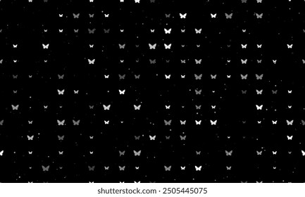 Seamless background pattern of evenly spaced white butterfly symbols of different sizes and opacity. Vector illustration on black background with stars
