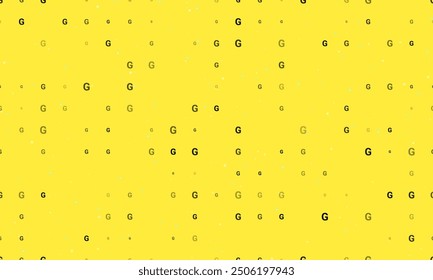 Seamless background pattern of evenly spaced black capital letter G symbols of different sizes and opacity. Vector illustration on yellow background with stars
