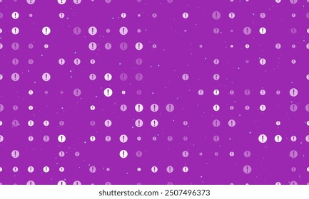 Seamless background pattern of evenly spaced white attention symbols of different sizes and opacity. Vector illustration on purple background with stars