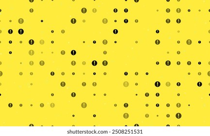 Seamless background pattern of evenly spaced black attention symbols of different sizes and opacity. Vector illustration on yellow background with stars