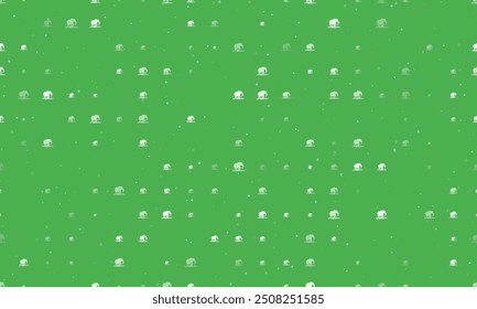 Seamless background pattern of evenly spaced white wild elephant symbols of different sizes and opacity. Vector illustration on green background with stars