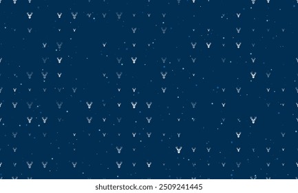 Seamless background pattern of evenly spaced white deer head symbols of different sizes and opacity. Vector illustration on dark blue background with stars