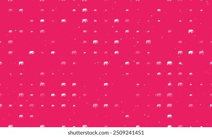 Seamless background pattern of evenly spaced white elephant symbols of different sizes and opacity. Vector illustration on pink background with stars