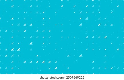Seamless background pattern of evenly spaced white wild wolf symbols of different sizes and opacity. Vector illustration on cyan background with stars