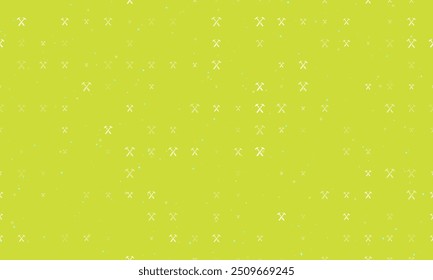 Seamless background pattern of evenly spaced white crossed hammers symbols of different sizes and opacity. Vector illustration on lime background with stars