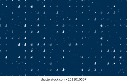 Seamless background pattern of evenly spaced white cat icons of different sizes and opacity. Vector illustration on dark blue background with stars