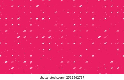 Seamless background pattern of evenly spaced white frog symbols of different sizes and opacity. Vector illustration on pink background with stars