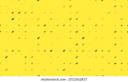 Seamless background pattern of evenly spaced black deer symbols of different sizes and opacity. Vector illustration on yellow background with stars