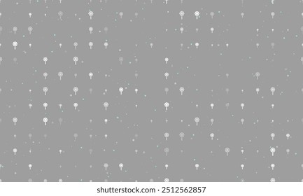 Seamless background pattern of evenly spaced white chamomile symbols of different sizes and opacity. Vector illustration on gray background with stars