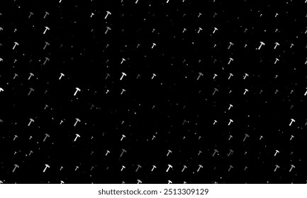 Seamless background pattern of evenly spaced white hammer symbols of different sizes and opacity. Vector illustration on black background with stars