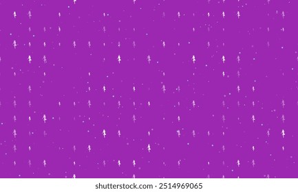 Seamless background pattern of evenly spaced white ballerina symbols of different sizes and opacity. Vector illustration on purple background with stars